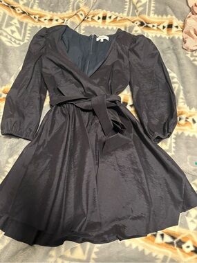 Likely Navy Puff-Sleeve Wrap Mini Dress